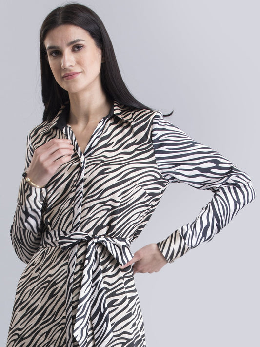 Satin Animal Print A Line Dress - Beige and Black