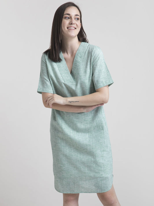 Cotton Chambray V Neck Straight Dress - Green