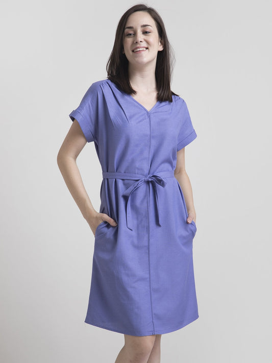 Cotton Drop Shoulder Tie Up Shift Dress - Purple