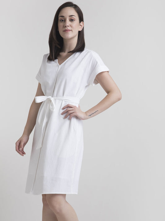 Cotton Drop Shoulder Tie Up Shift Dress - White