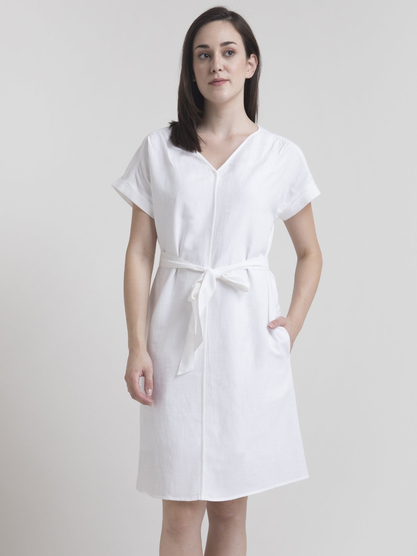 Cotton Drop Shoulder Tie Up Shift Dress - White