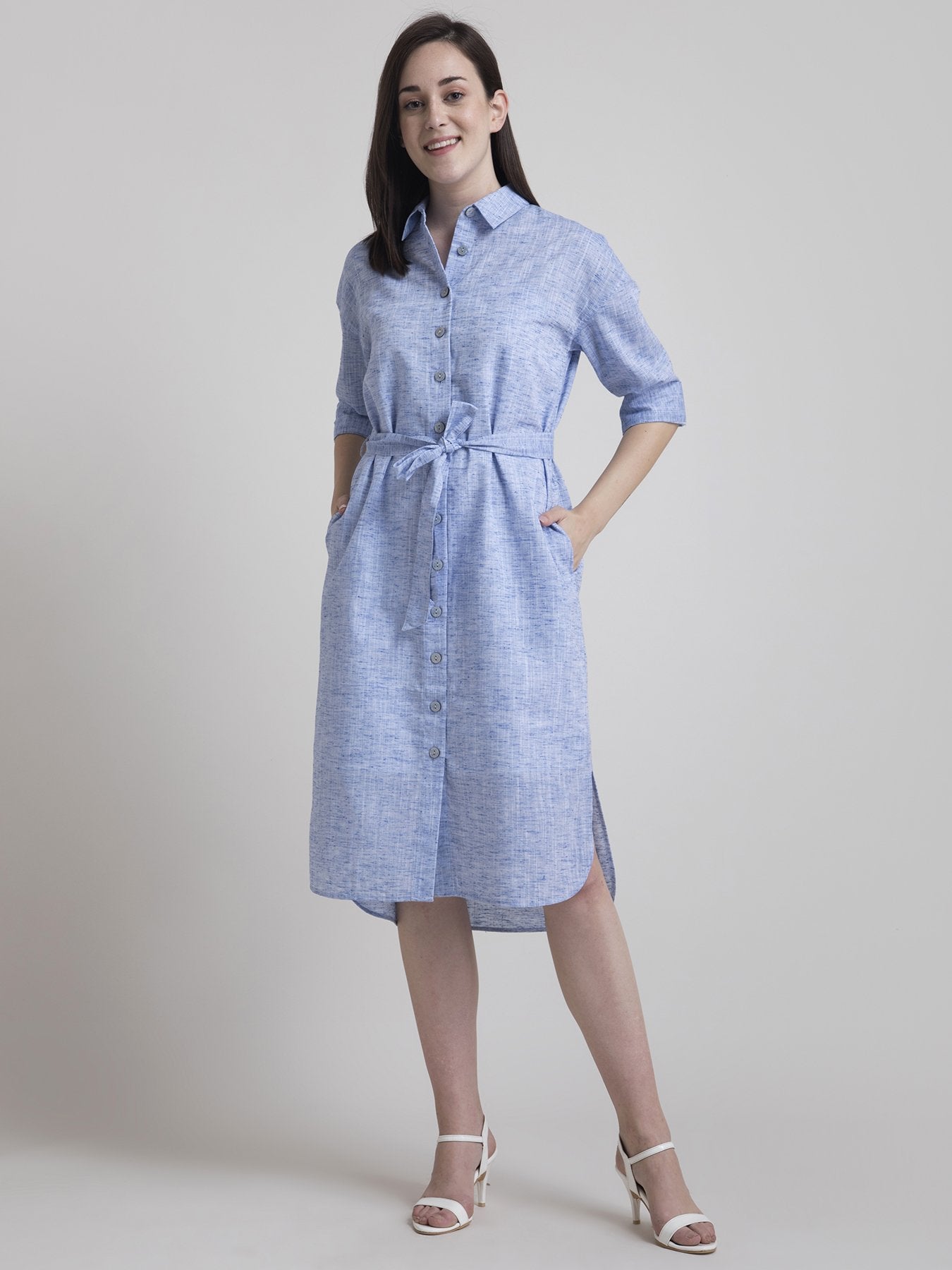 Cotton Pleated Shirt Dress - Blue
