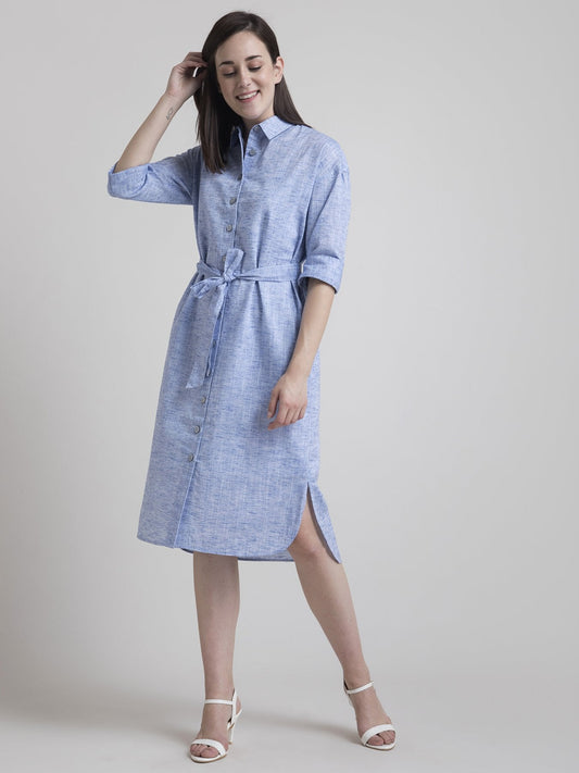 Cotton Pleated Shirt Dress - Blue