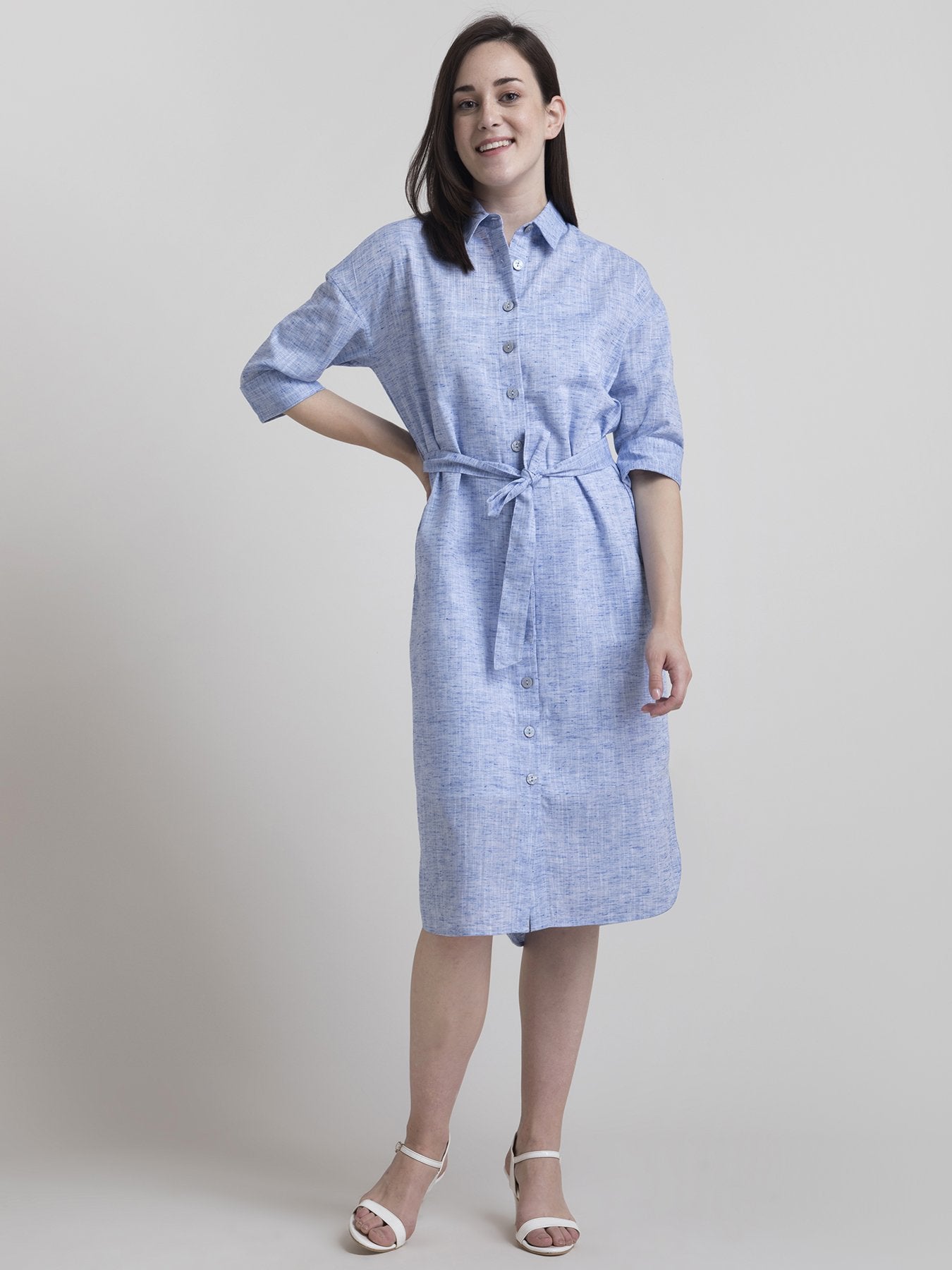 Cotton Pleated Shirt Dress - Blue
