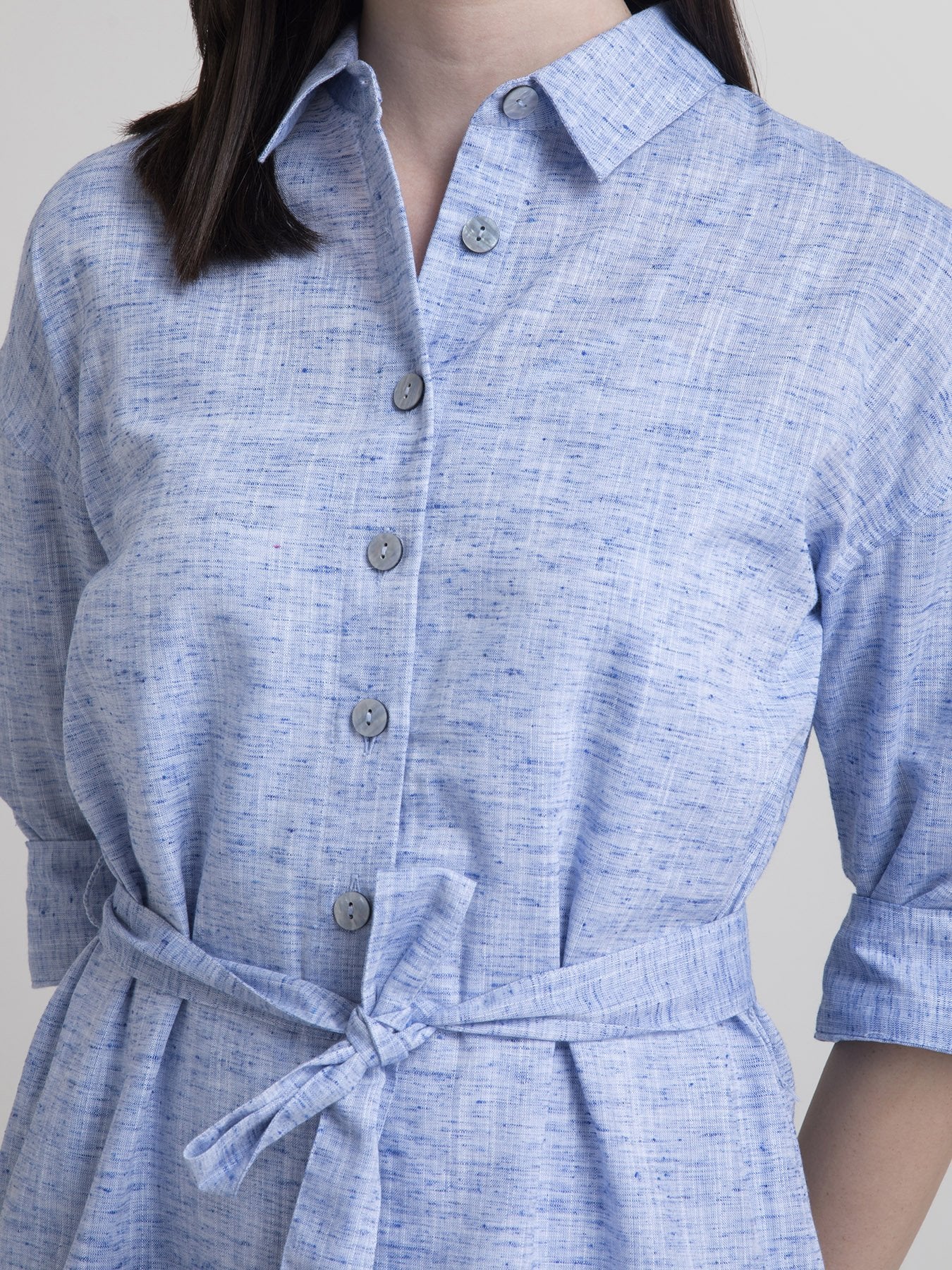 Cotton Pleated Shirt Dress - Blue