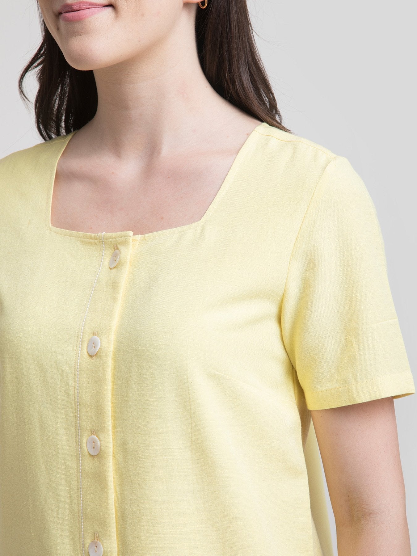 Cotton Square Neck Shirt Dress - Yellow