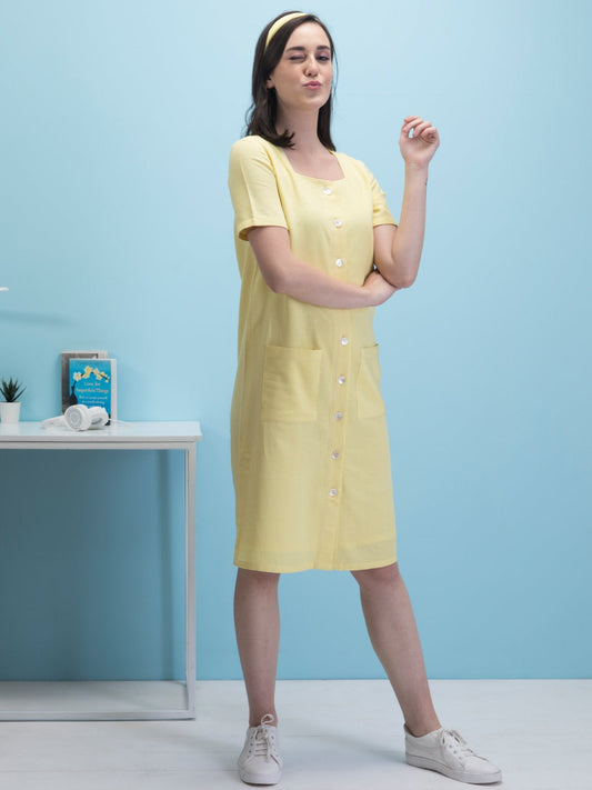 Cotton Square Neck Shirt Dress - Yellow