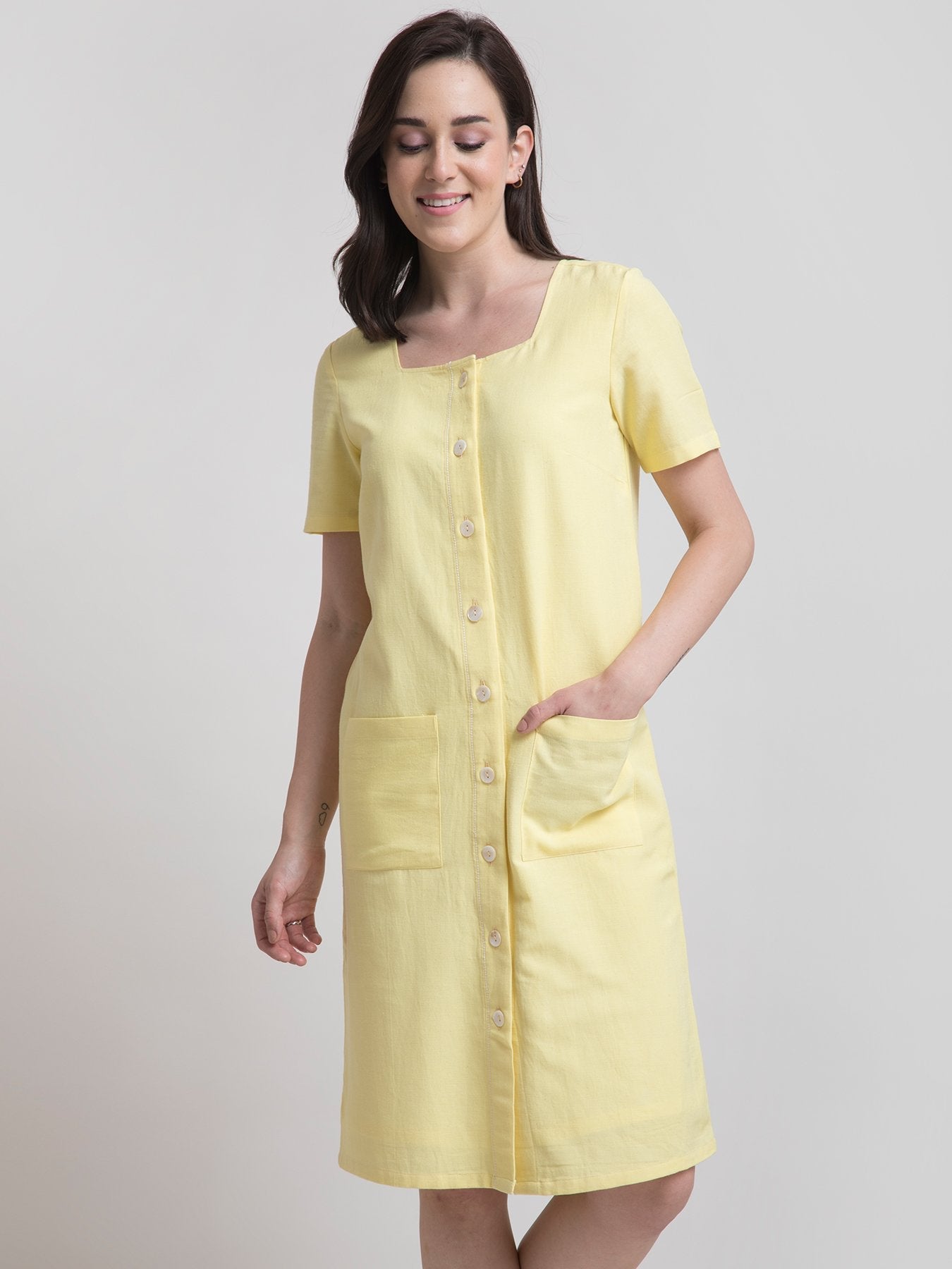 Cotton Square Neck Shirt Dress - Yellow