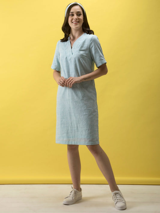 Cotton V Neck Boxy Shift Dress - Aqua