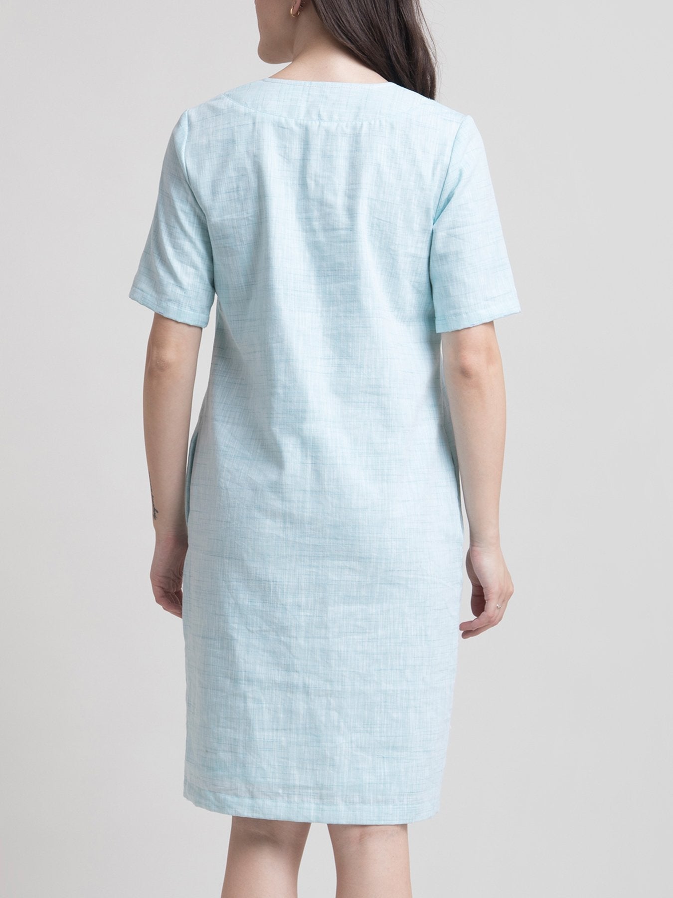 Cotton V Neck Boxy Shift Dress - Aqua