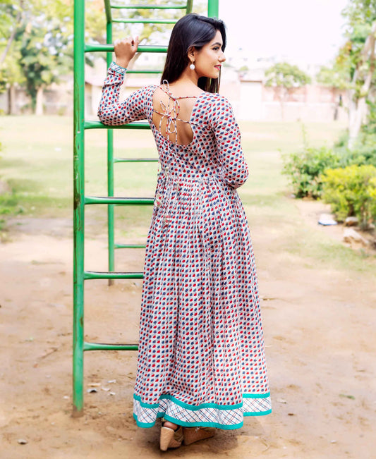 Hand Block Printed Anarkali Dress with Full Churidaar Sleeves