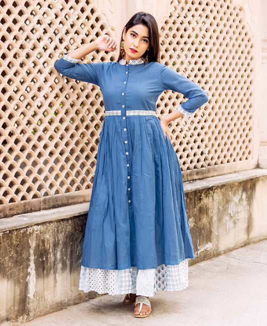 Blue and White Button Down Floor Length Dress