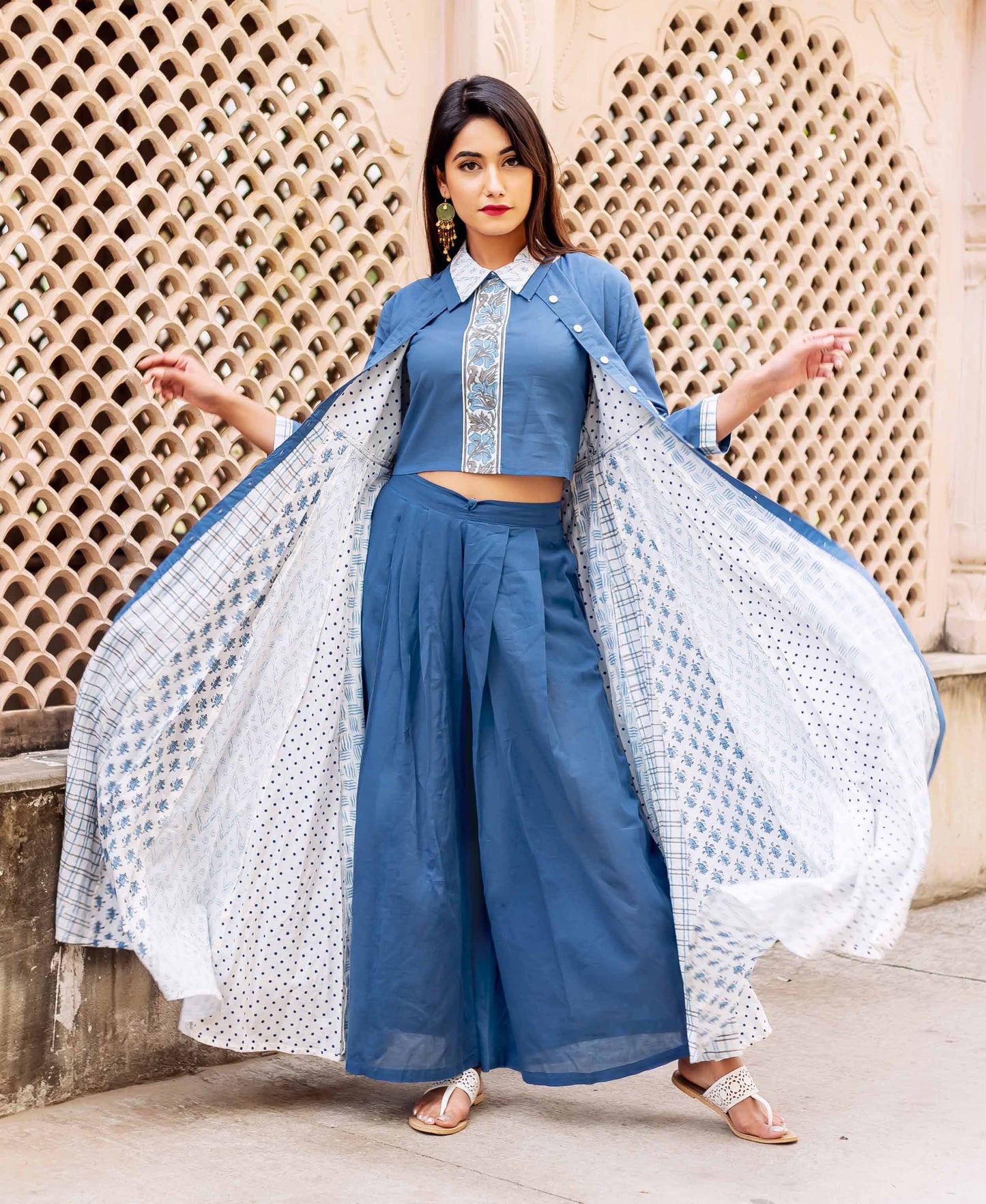 3 Piece Crop Top and Palazzo with Double Layered Button Down Jacket