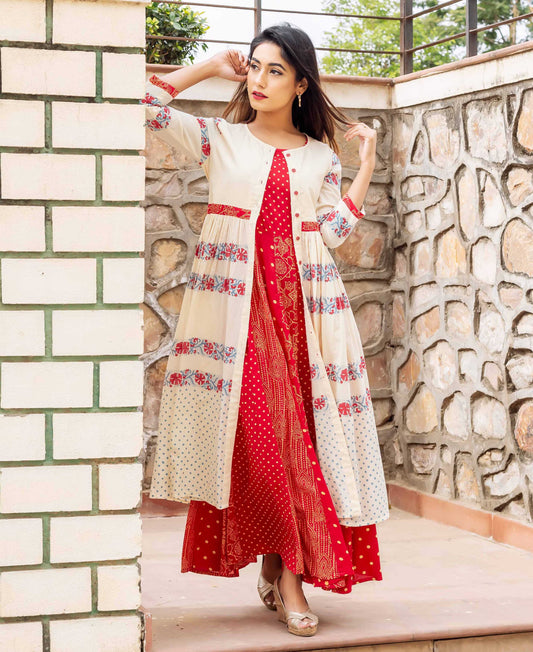 Beige and Red Block Printed Double Layered Dress