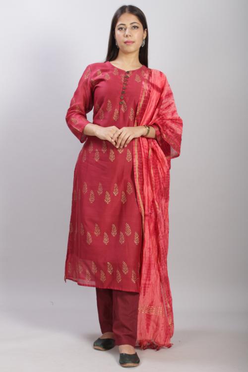 Pigment Handblock Print Chanderi Kurti with Dupatta and pant-3