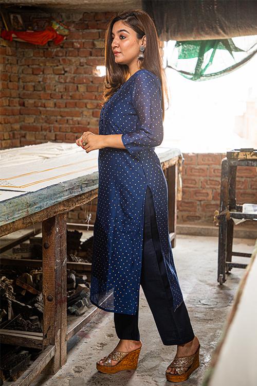 Pigment Handblock Print Chanderi Kurti-1