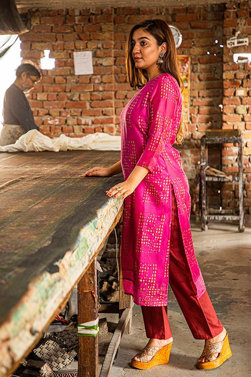 Pigment Handblock Print Chanderi Kurti-16