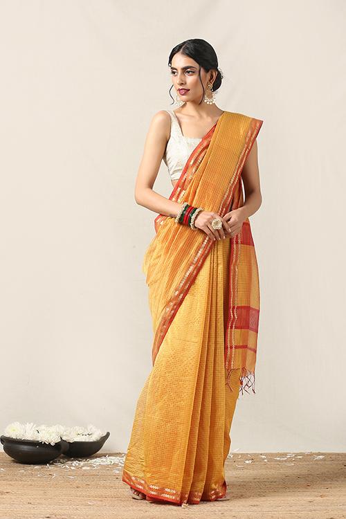 Handweave Maheshwari Handloom Silk Cotton Saree Col-Mustard, Blouse Colour- Red.