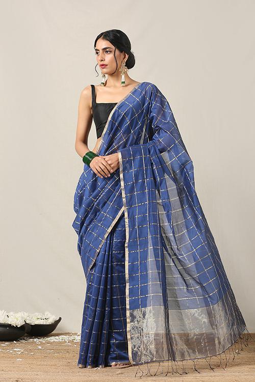Handweave Maheshwari Handloom Silk Cotton Saree Col-Blue, Blouse Colour -Blue.