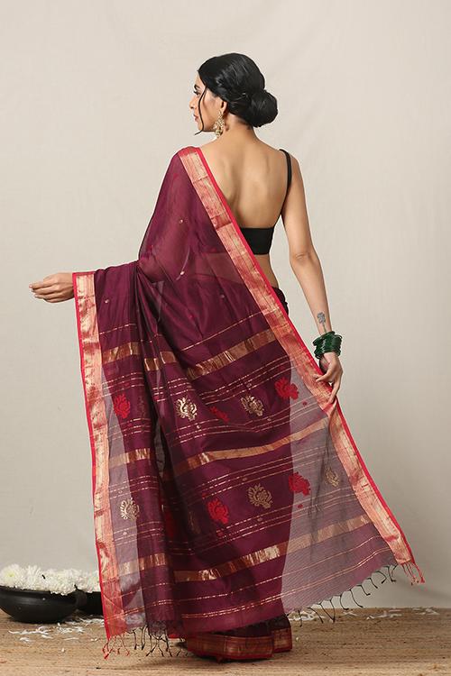 Handweave Maheshwari Handloom Silk Cotton Saree Col-Purple with Red& Gold motifs , Blouse Colour -Red.