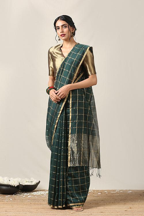 Handweave Maheshwari Handloom Silk Cotton Saree Col-Dark Green , Blouse Colour Dark Green.