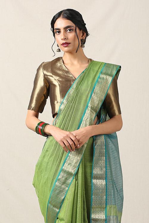 Handweave Maheshwari Handloom Half Tissue Col-Green & Blue Saree, Blouse Colour Sea Green.