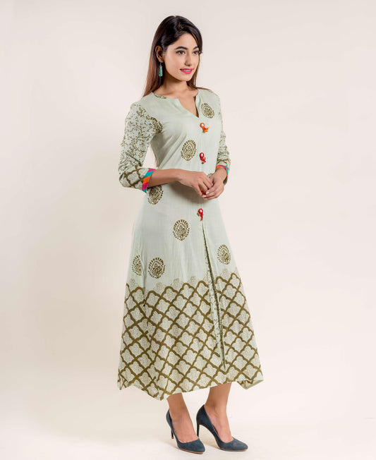 Mint Green Cotton Hand Block Printed Dress
