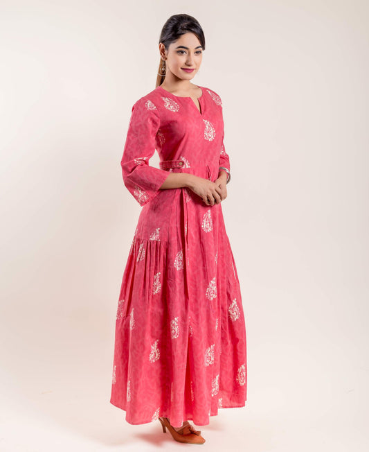 Peach Hand Block Printed Dress