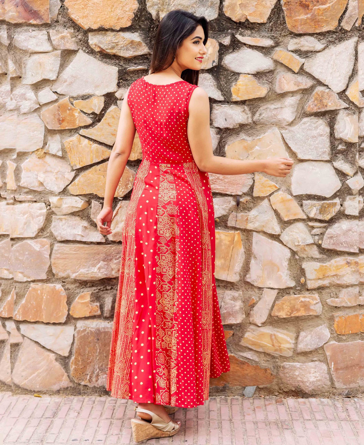 Red Hand Block Printed Sleeveless Anarkali Dress