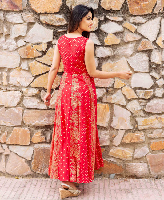 Red Hand Block Printed Sleeveless Anarkali Dress