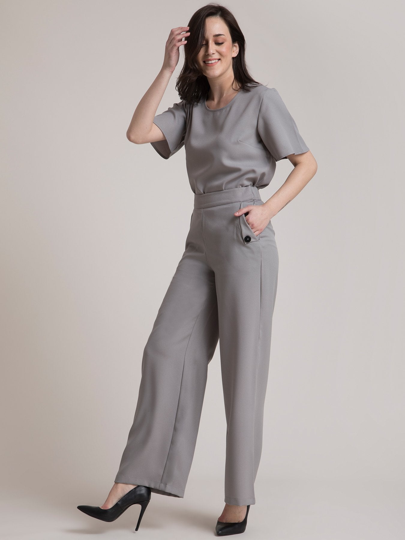 High Rise Wide Leg Pants - Grey