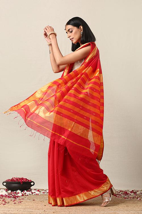 Handweave Maheshwari Handloom Orange Zari Border Silk Cotton Saree