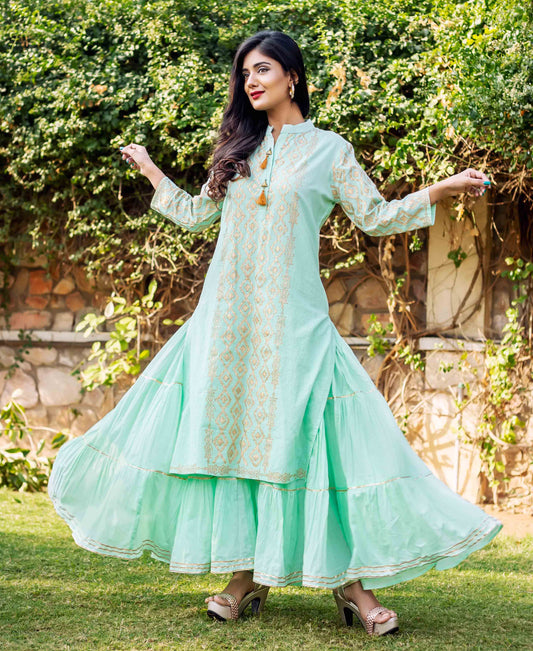 Sea Green Cotton Straight Long Kurta Dress with Kantha Work