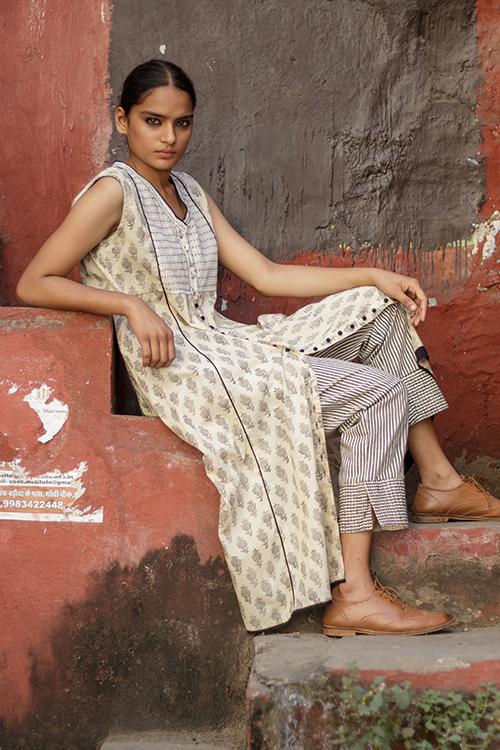 Nirali' Beige V neck long cotton kurta