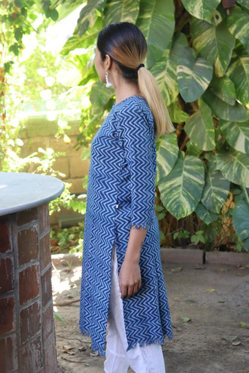 Handwoven Cotton Natural Indigo Printed Tunic-Zig Zag