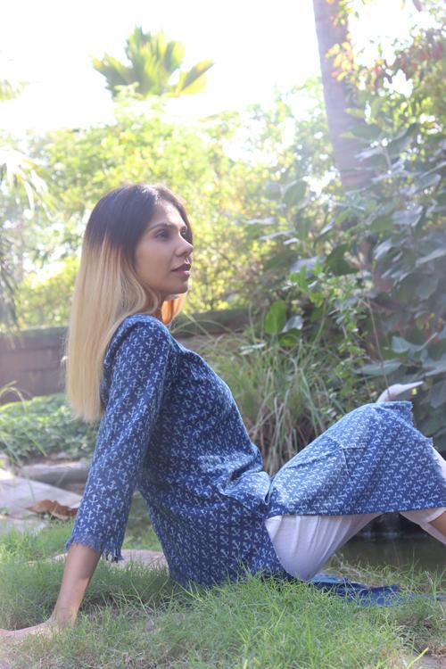 Handwoven Cotton Natural Indigo Printed Tunic-Anchor Print