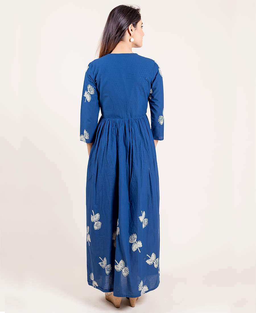 Layered Indigo Cotton Panel Printed Long Dress