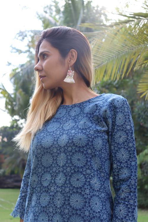 Handwoven Cotton Natural Indigo Printed Tunic-Floral Print