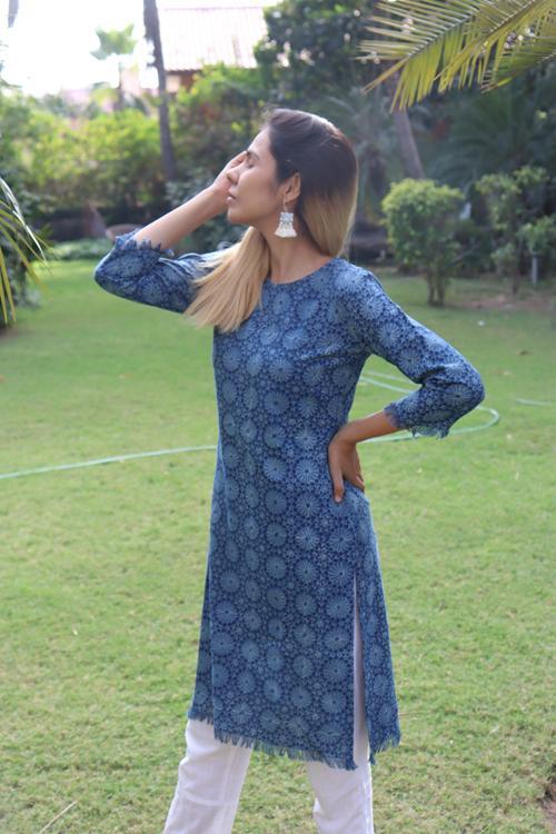 Handwoven Cotton Natural Indigo Printed Tunic-Floral Print