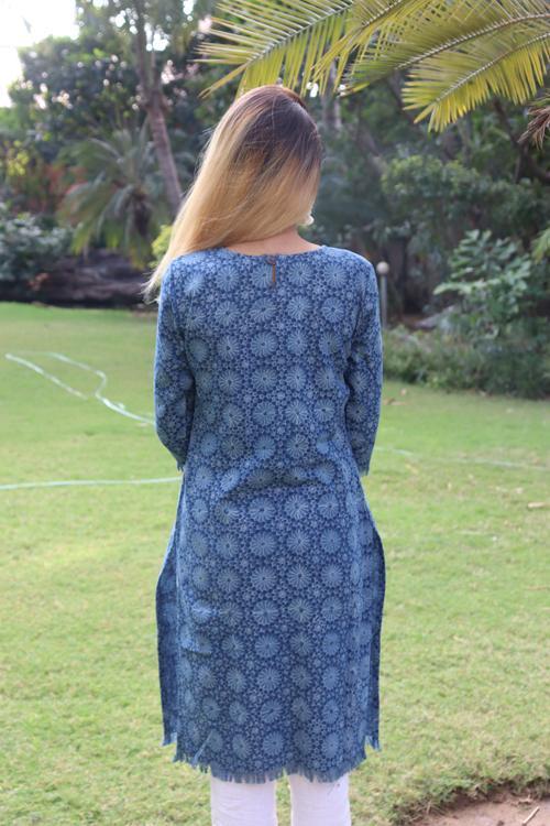 Handwoven Cotton Natural Indigo Printed Tunic-Floral Print