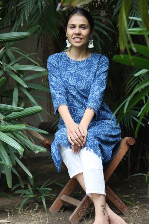 Handwoven Cotton Natural Indigo Printed Tunic-Shell Print