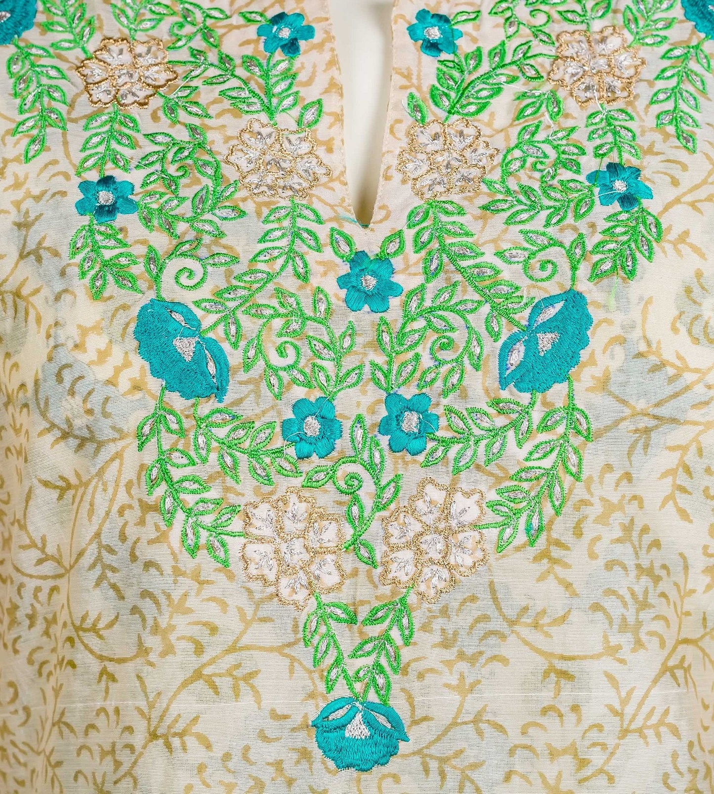 Beige Green Embroidered Chanderi Kurta Dress