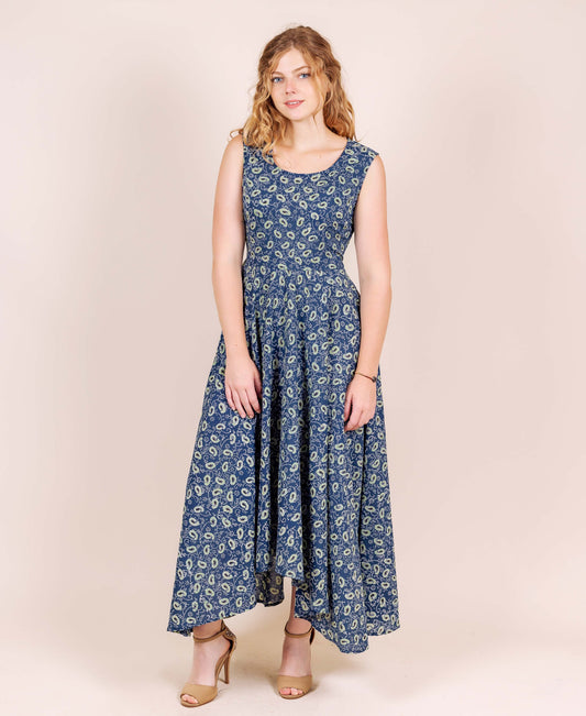 Floral Blue Sleeveless Hand Block Print High Low Flare Dress