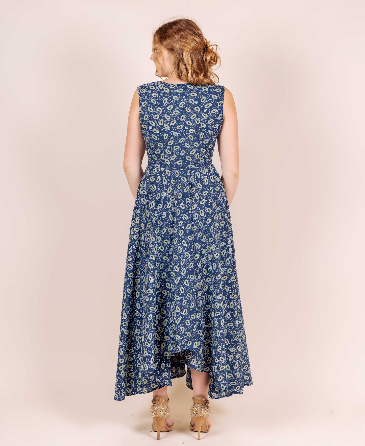 Floral Blue Sleeveless Hand Block Print High Low Flare Dress