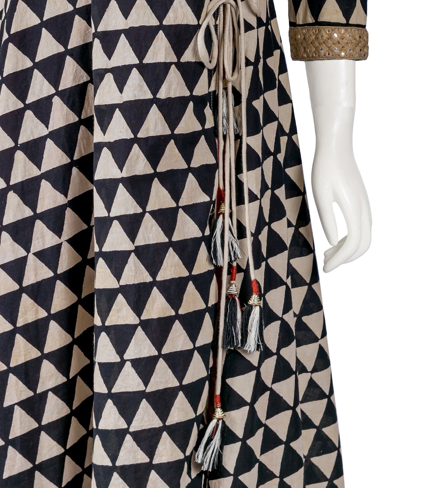 Hand Block Printed Angrakha Dress with Embroidered Sleeves