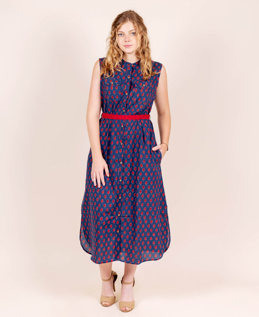 Blue/Red Hand Block Print Sleeveless with Flexible Tasseled Belt