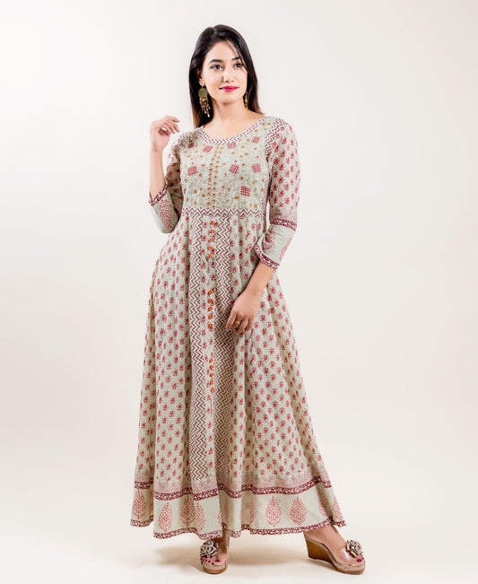 Embroidered & Printed Voile Long Anarkali Dress