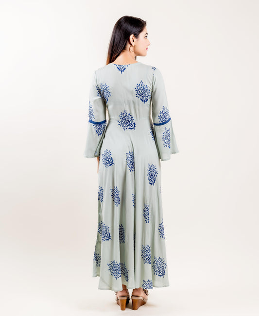 Rayon Bell Sleeved Indo Western Dress In Blue