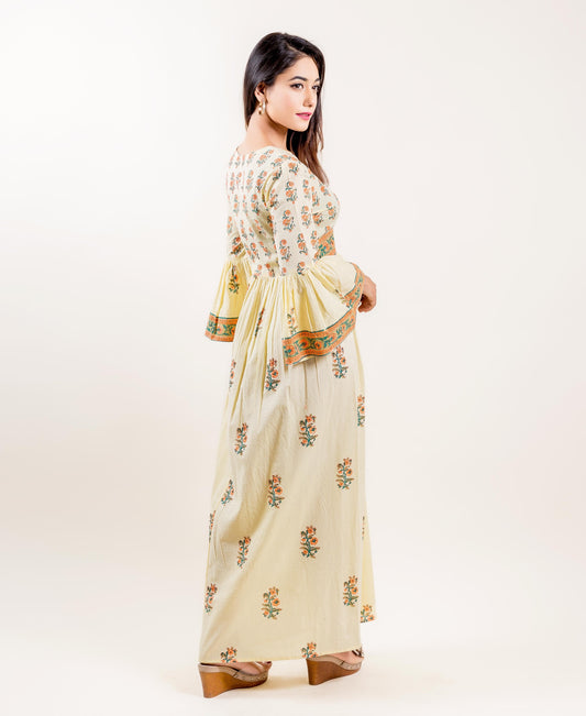Cotton Printed Long Front Slit Indowestern Dress In Yellow And Orange