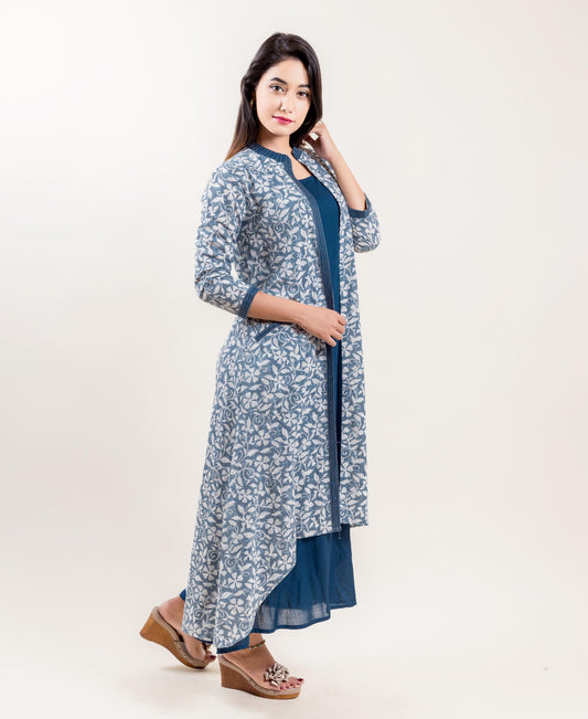 Double Layered Asymmetrical Long Indowestern Dress In Grey And Blue